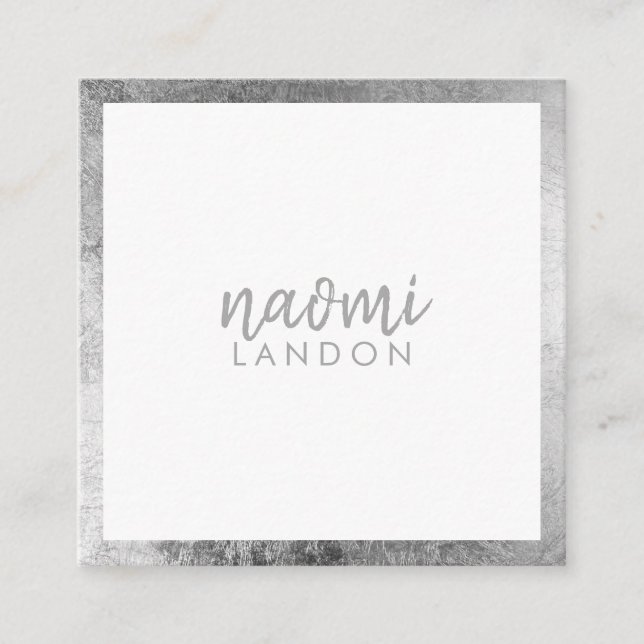 Elegant grey silver modern square minimalist white square business card (Front)