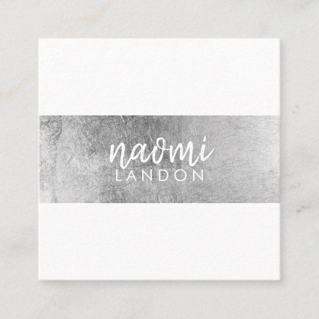 Elegant grey silver modern stripe minimalist white square business card (Front)