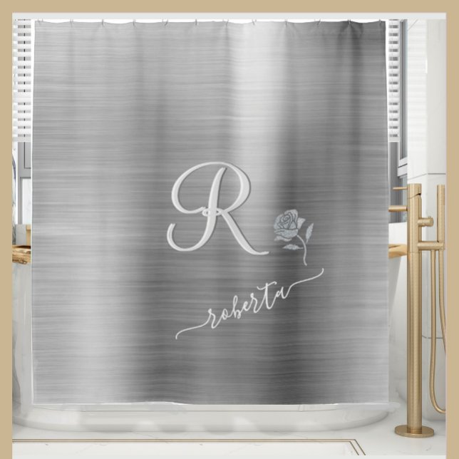 Elegant Grey Silver Rose Custom Monogram Name  Shower Curtain (Creator Uploaded)
