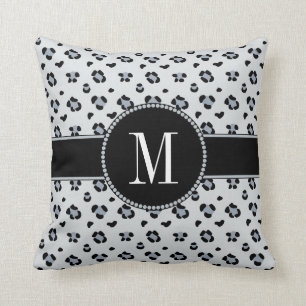 Elegant Grey Snow Leopard Silver Monogram Cushion