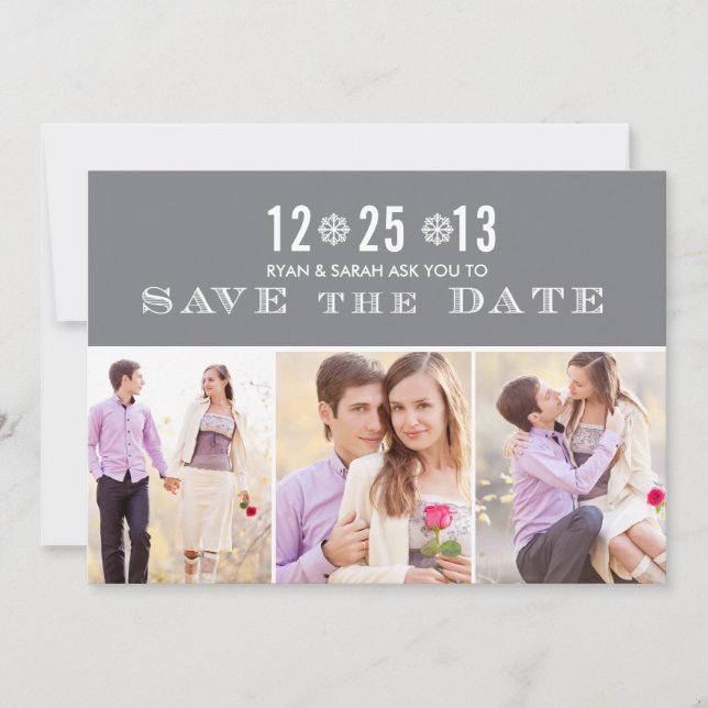 Elegant Grey Snowflake Save the Dates & Photos Date (Front)
