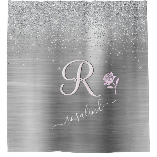 Elegant Grey Sparkle Custom Monogram Pink Rose  Shower Curtain (Front)