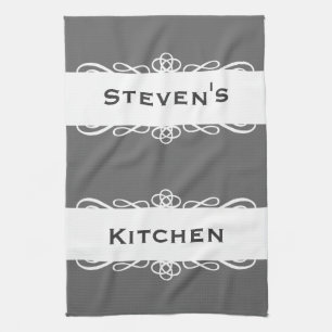 Elegant grey stripe name kitchen tea towel