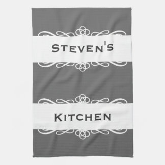 Elegant grey stripe name kitchen tea towel