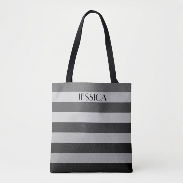 Elegant Grey Striped Pattern Name Tote Bag (Front)