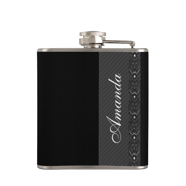 Elegant grey stripes classy lace personalised hip flask (Back)