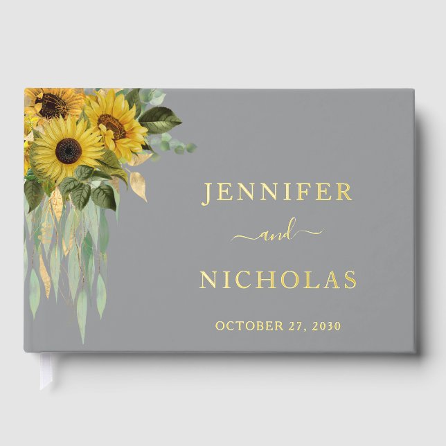 Elegant Grey Sunflower Wedding Gold Foil Guest Book (Front)