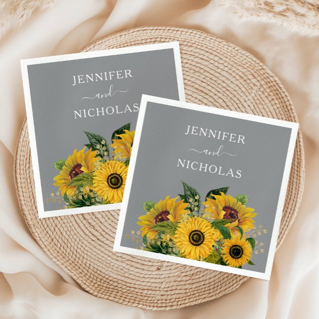 Elegant Grey Sunflowers Wedding  Napkin (Elegant Gray Sunflowers Wedding Napkins)