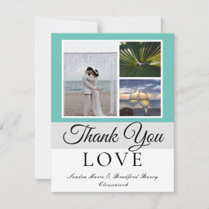 Elegant Grey Teal Script Wedding Photo collage  Thank You Card