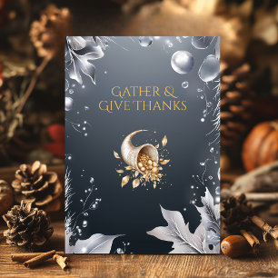 Elegant Grey Thanksgiving with Cornucopia & Silver Invitation