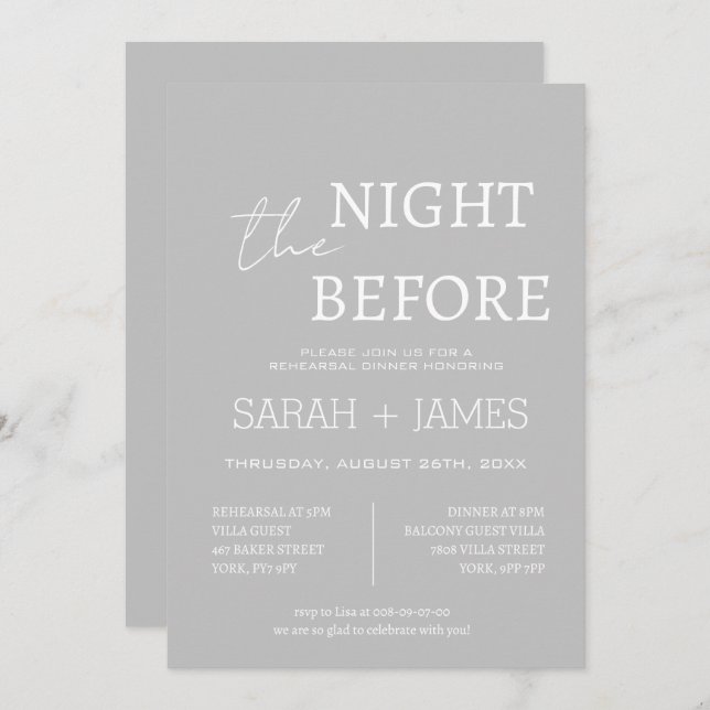 Elegant Grey the Night Before Dinner Wedding Invitation (Front/Back)