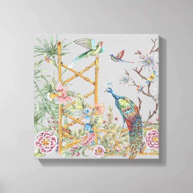 Elegant Grey Tropical Peacock Asian Floral Pretty Canvas Print (Front)