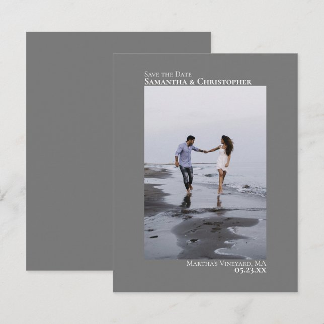 Elegant Grey Vertical Photo Minimalist Wedding Save The Date (Front/Back)
