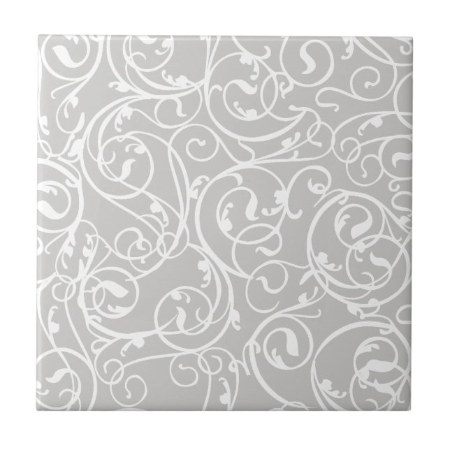 Elegant Grey Vintage Scroll Damask Pattern Tile (Front)