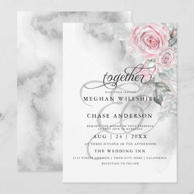Elegant Grey Watercolor Pink Roses  BarefootBride™ Invitation (Front/Back)