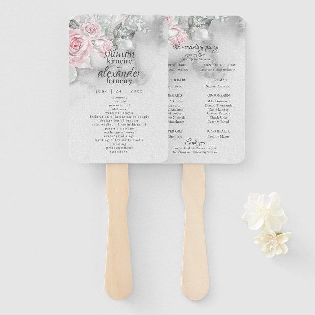 Elegant Grey Watercolor Pink Roses Hand Fan (Front and Back)