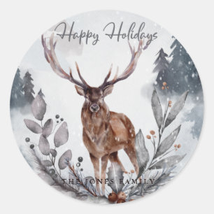 Elegant Grey Watercolor Winter Christmas Deer Classic Round Sticker