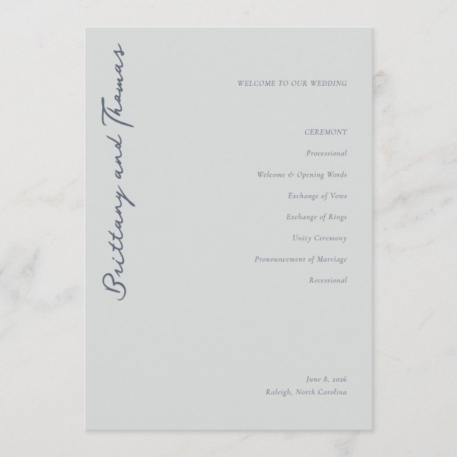 Elegant Grey Wedding Ceremony Program Programme (Front)