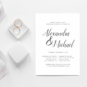 Elegant Grey & White Calligraphy Rehearsal Dinner Invitation