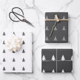 Elegant Grey White Christmas Tree Pattern Gift Wrapping Paper Sheet