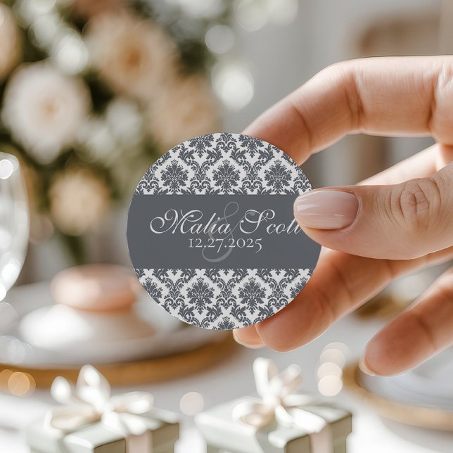Elegant Grey White Damask Wedding Favour Classic Round Sticker (Creator Uploaded)