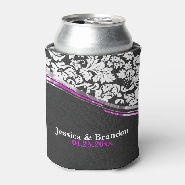 Elegant Grey & White Damasks With Pink Accents Can Cooler (Can Front)