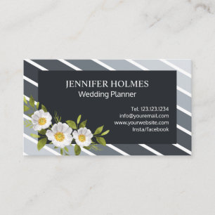 Elegant Grey White Diagonal Stripes Floral  Business Card