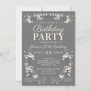 Elegant grey & white floral 60th Birthday Invite