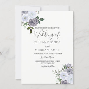 Elegant Grey White Floral Rose Wedding Invitation