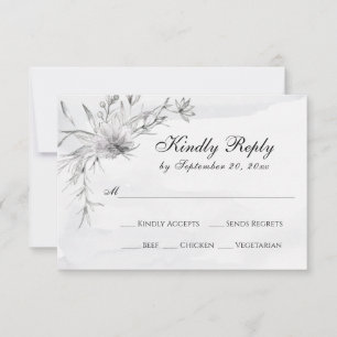 Elegant Grey White Floral Watercolor Wedding RSVP Card
