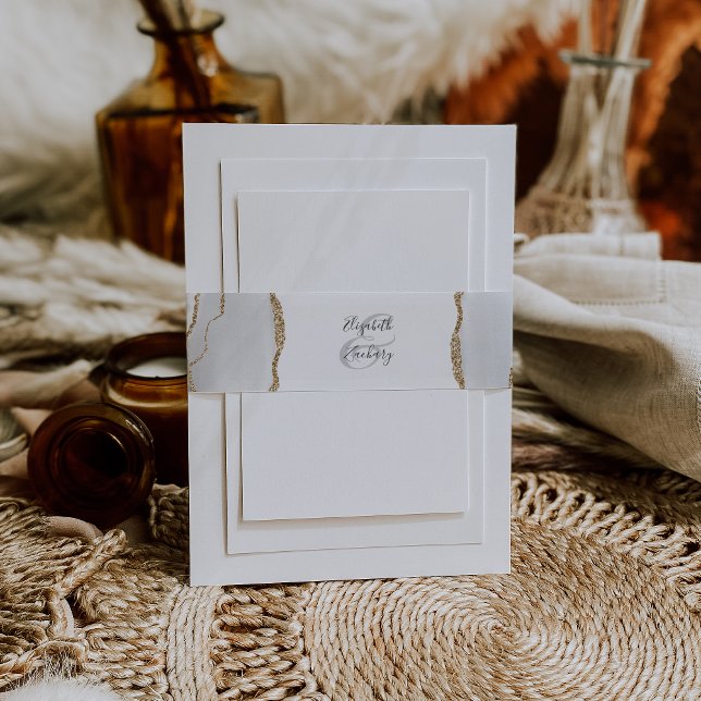 Elegant Grey White Gold Agate Wedding Invitation Belly Band (Creator Uploaded)