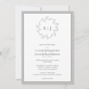 Elegant Grey White Leaf Wreath Monogram Wedding Invitation