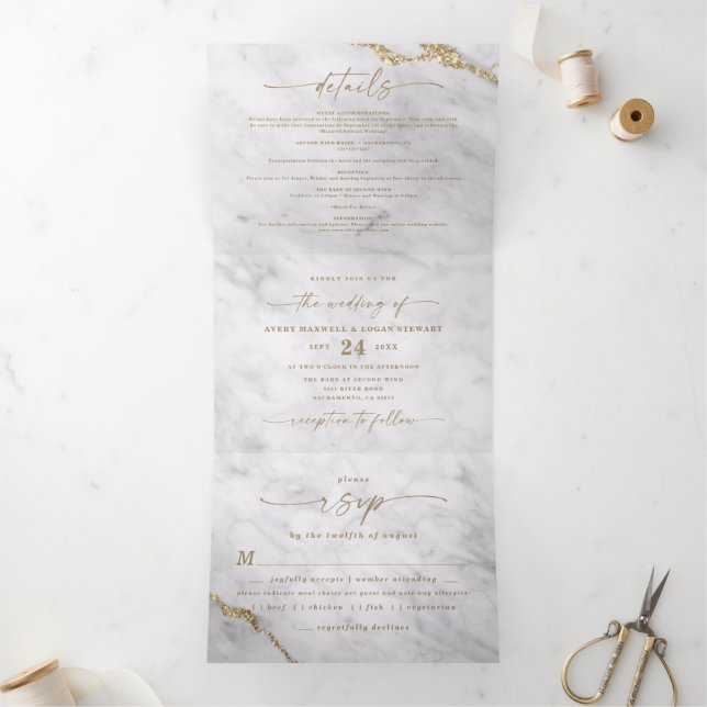 Elegant Grey & White Marble with Gold Foil Wedding Tri-Fold Invitation (Inside)