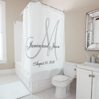 Elegant Grey White Monogram Names Wedding Shower Curtain