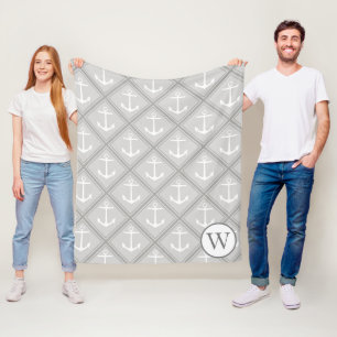 Elegant Grey & White Nautical Anchors   Monogram Fleece Blanket