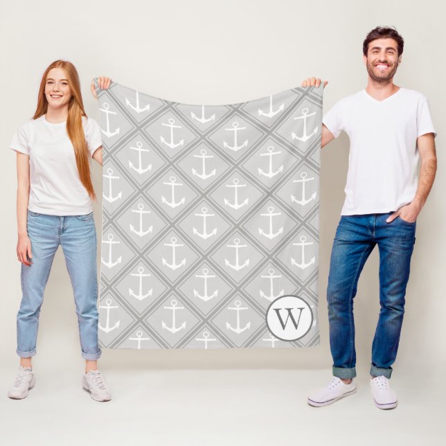 Elegant Grey & White Nautical Anchors | Monogram Fleece Blanket (In Situ)
