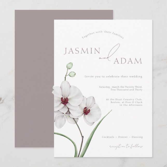 Elegant Grey White Orchids Initials Floral Wedding Invitation (Front/Back)