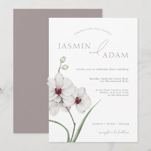Elegant Grey White Orchids Initials Floral Wedding Invitation
