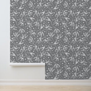 Elegant Grey, White Organic Botanical Leaf Pattern Wallpaper