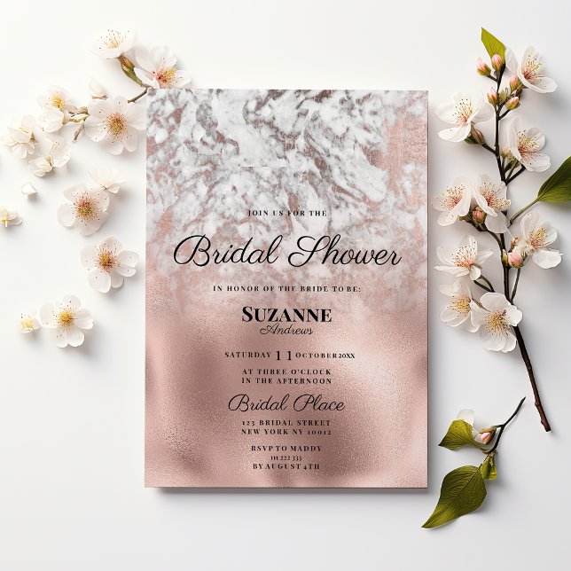 Elegant grey white rose gold marble Bridal Shower Invitation (Elegant gray white rose gold marble Bridal Shower)