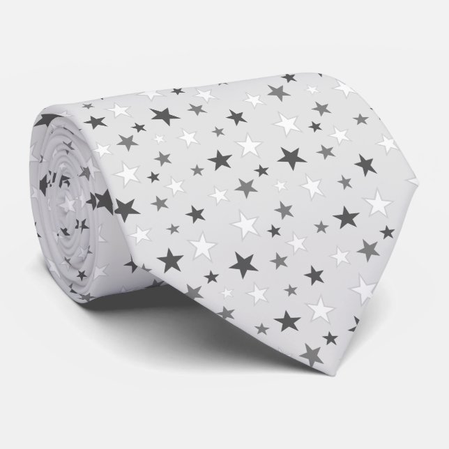 Elegant Grey & White Stars on Light Silver Grey Tie (Rolled)