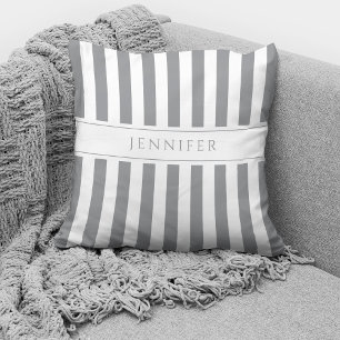 Elegant Grey & White Stripes Pattern Name Cushion