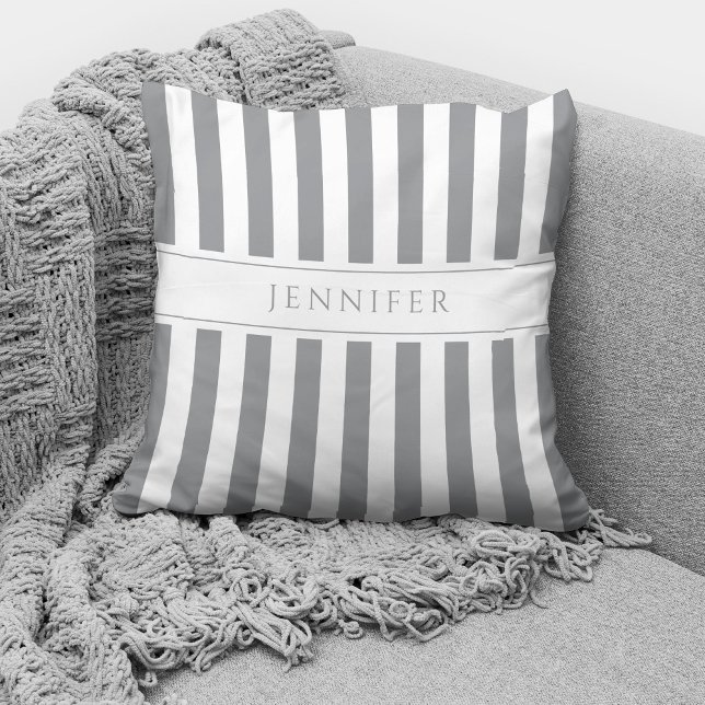 Elegant Grey & White Stripes Pattern Name Cushion (Creator Uploaded)
