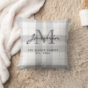 Elegant Grey White Tartan Plaid Family Monogram Cushion