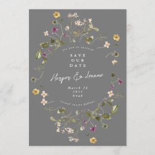 Elegant Grey Wildflower Pampas Floral Photo Back Save The Date