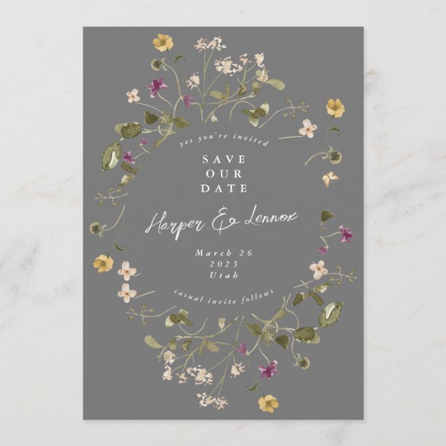 Elegant Grey Wildflower Pampas Floral Photo Back Save The Date (Front)