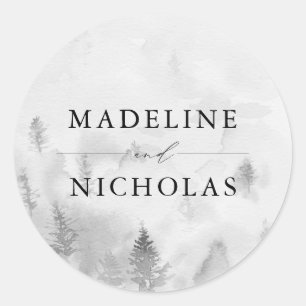 Elegant Grey Winter Forest Personalised Wedding Classic Round Sticker