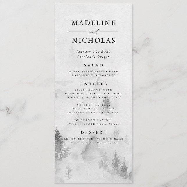 Elegant Grey Winter Forest Wedding Menu (Front)