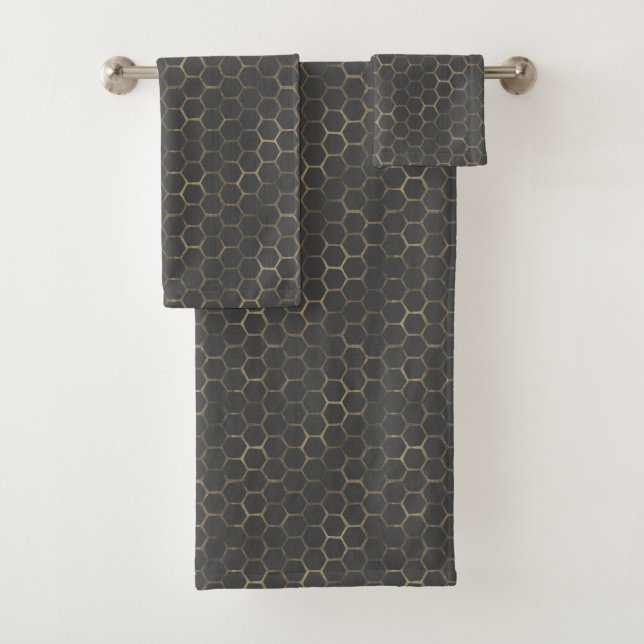 Elegant Grey With Gold Hexagon Beehive Pattern Bath Towel Set (Insitu)