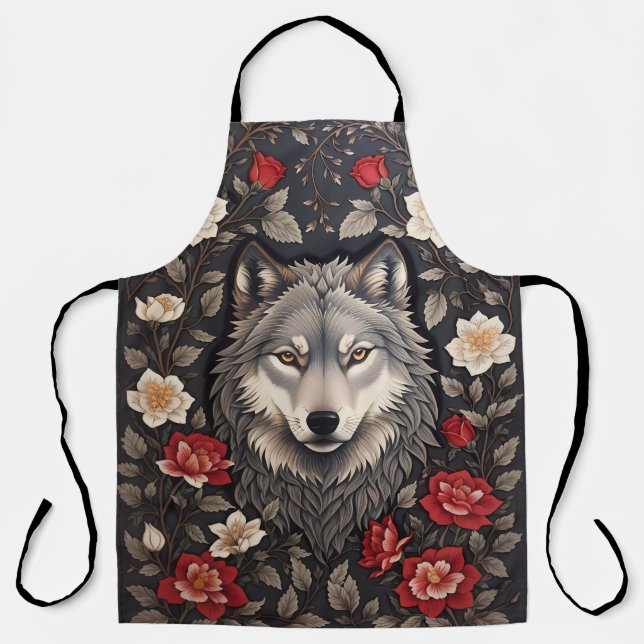 Elegant Grey Wolf Floral Apron (Front)